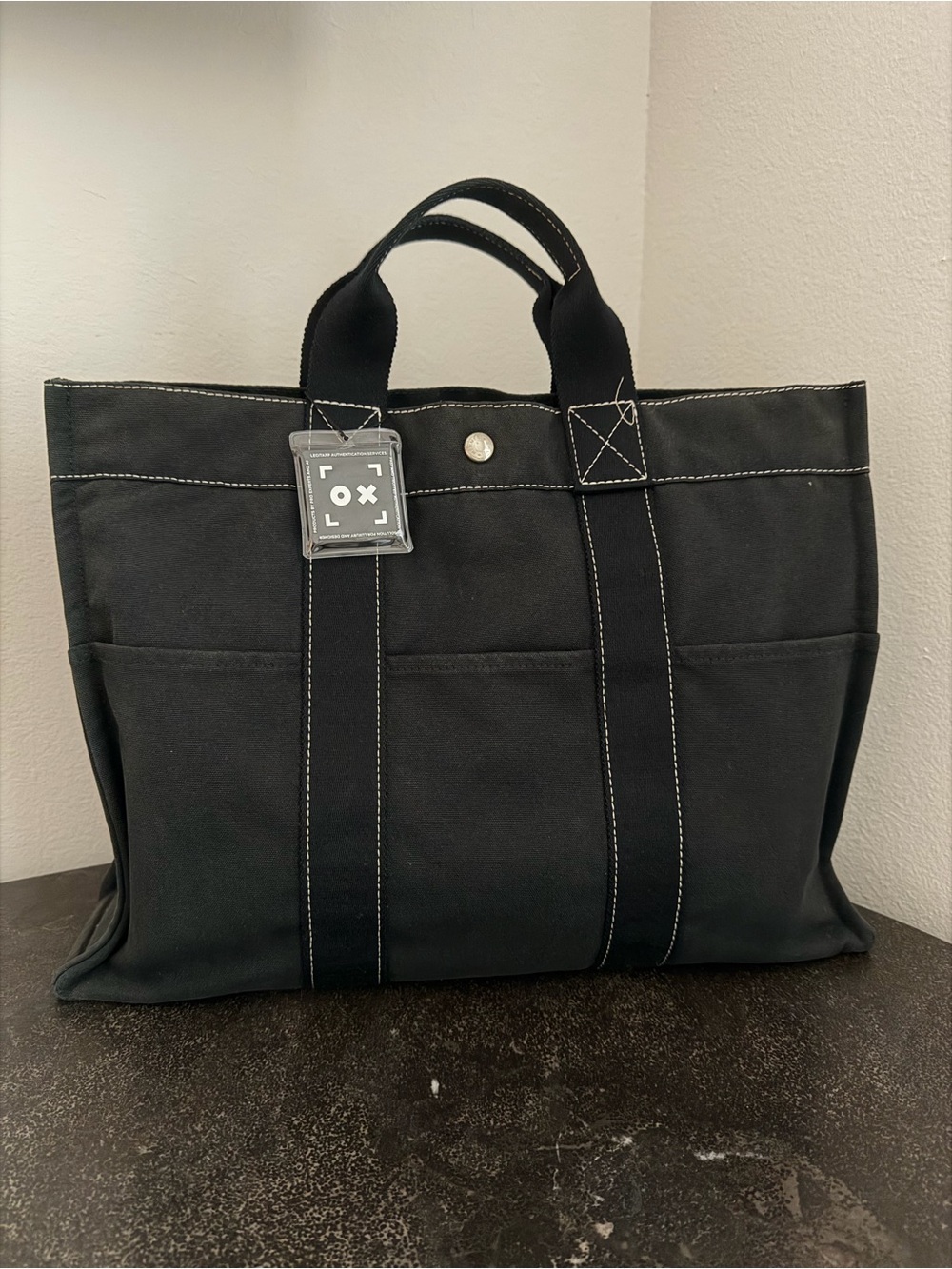Hermes Black Canvas Tote with Contrast Stitching - Authentic Pre-Loved